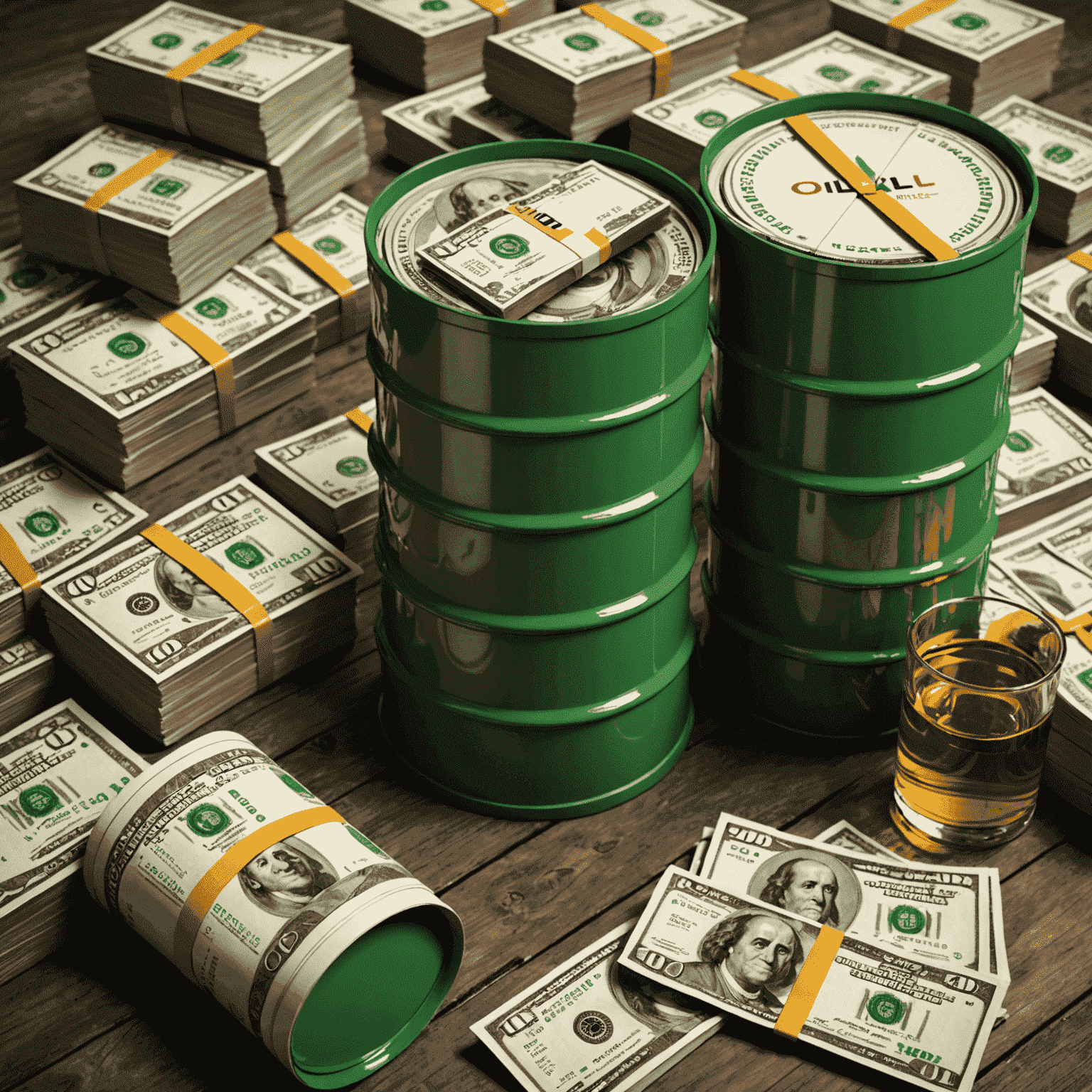 An image showing stacks of money, graphs, and oil barrels, illustrating funding options for oil ventures