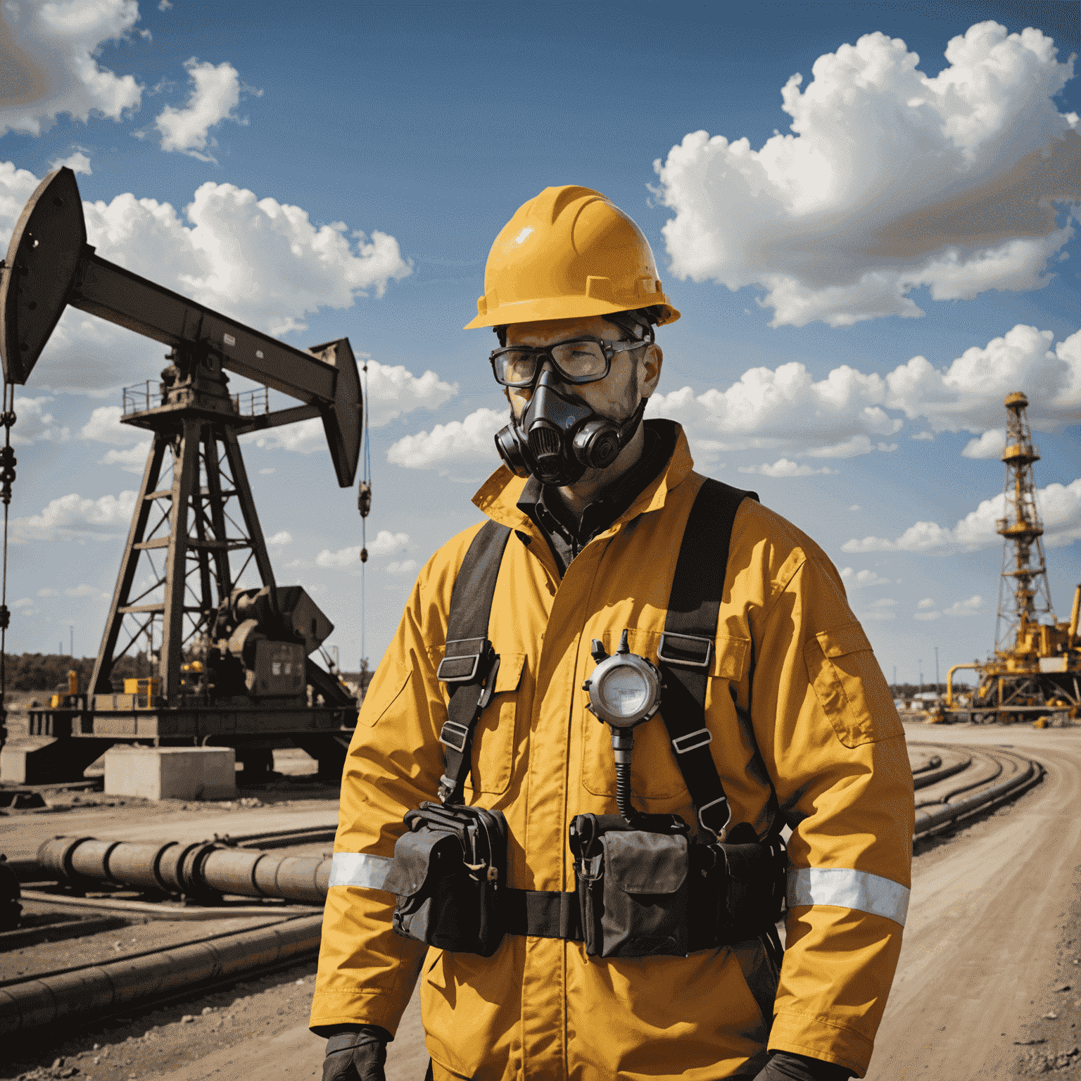 An image showing oil industry equipment, safety gear, and environmental protection symbols